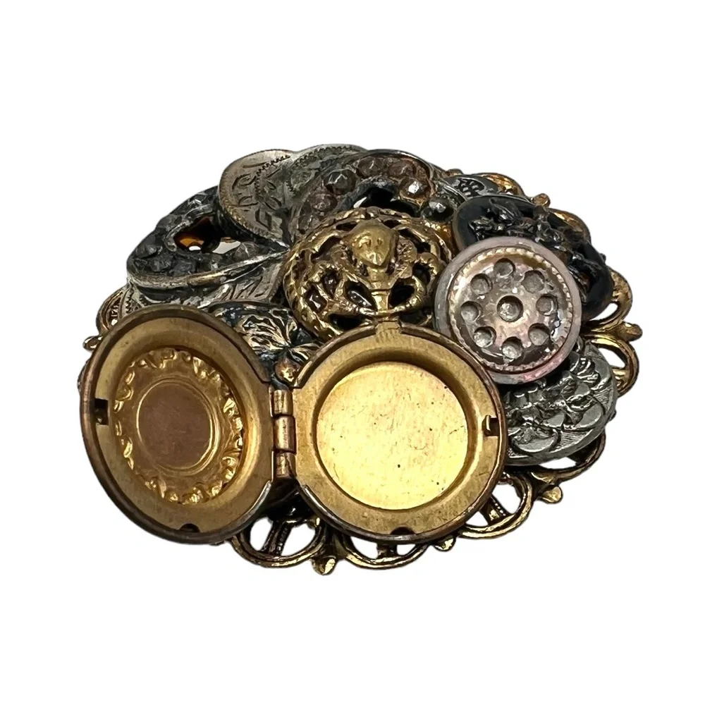 VINTAGE 3D BROOCH WITH WORKING LOCKET, HEARTS, & BUTTONS - NO PIN